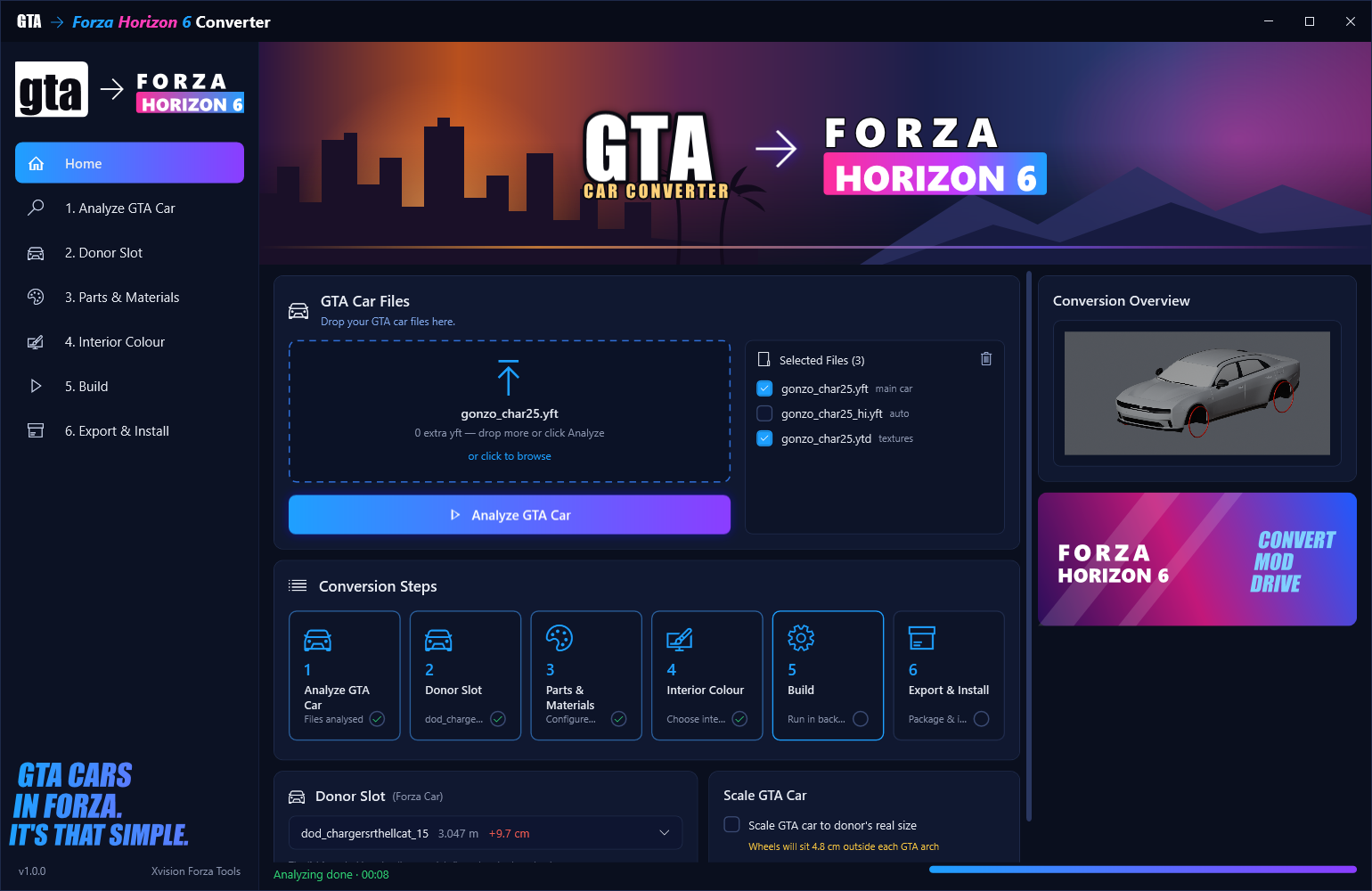 The GTA to Forza Horizon 6 converter app with a GTA V car loaded